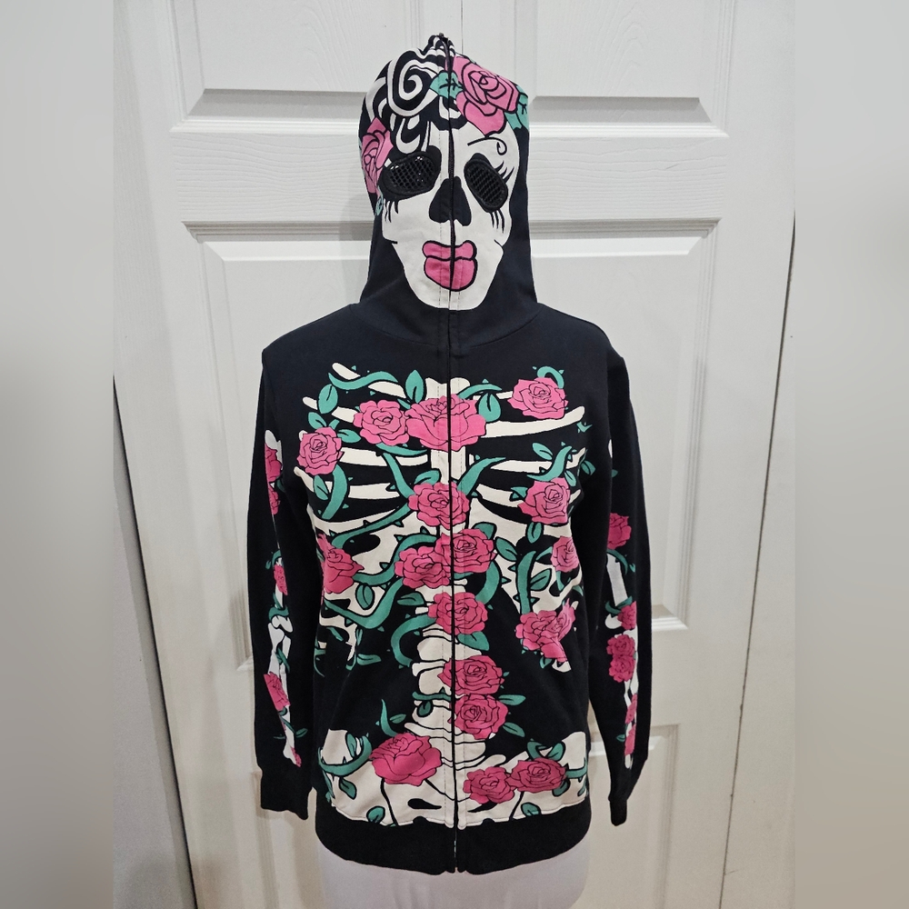 Too Fast Skeleton Ribcage Floral Mask Zip Up Black Pink Halloween Hoodie S NWT
